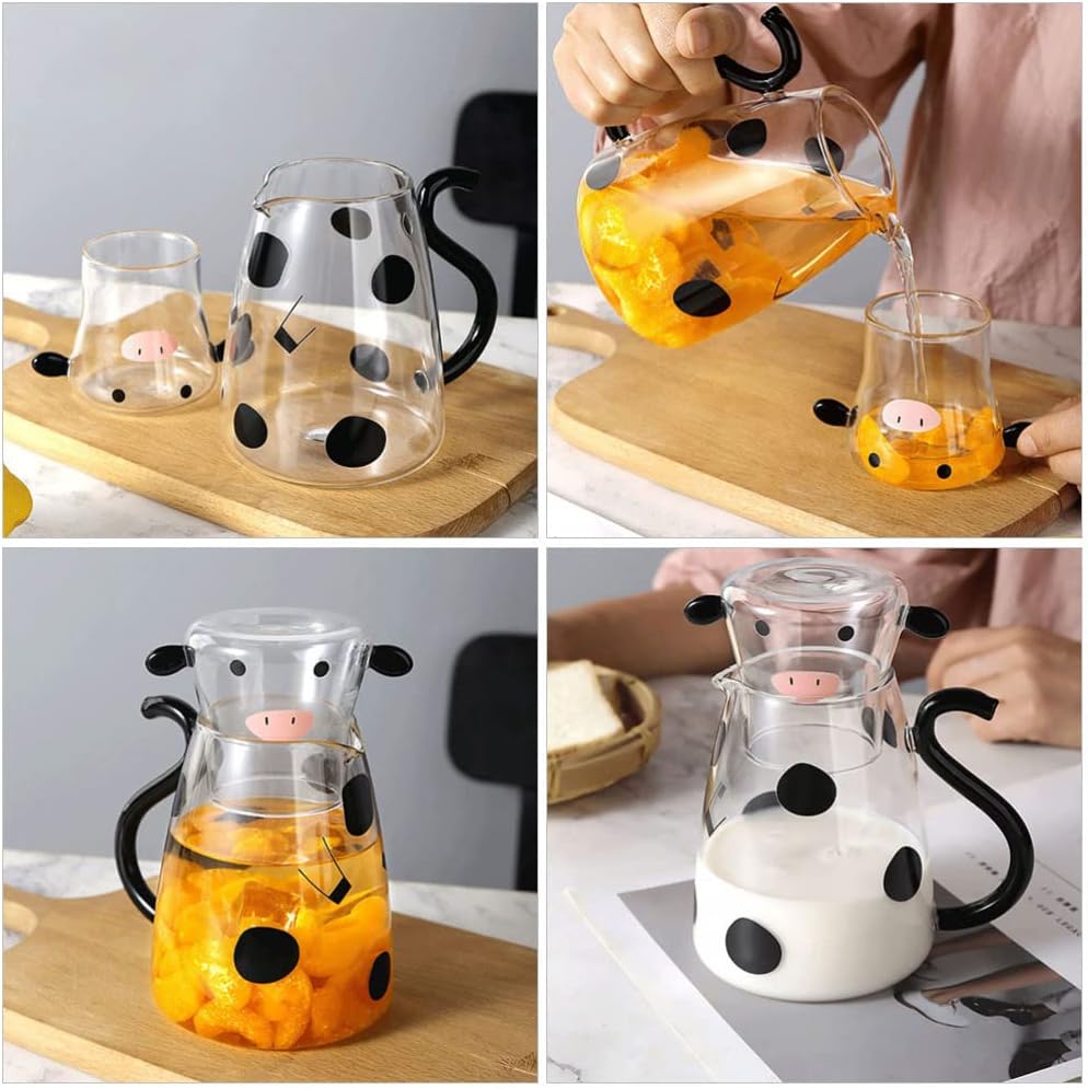 TOPBATHY Kaltwasserkrug mit Tasse für Zuhause, Glas, Saft, Getränke, Krug mit Cartoon-Kuh
