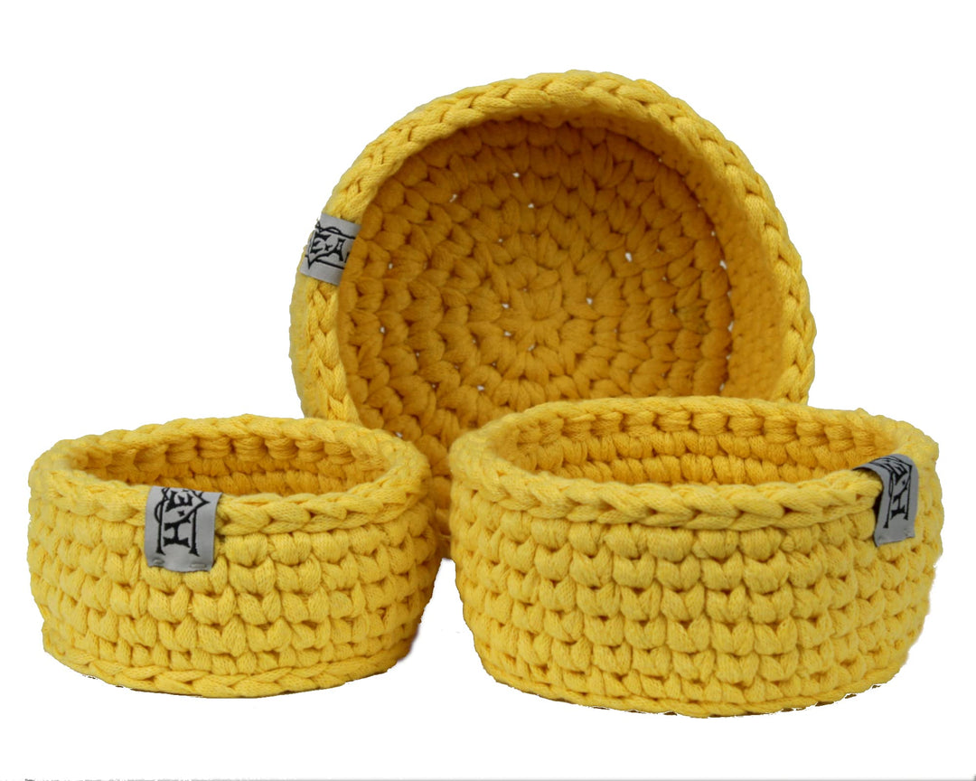 Utensilo 3er Set gehäkelt Handarbeit gelb Oster-körbchen nachhaltig aus Textilgarn recycelte