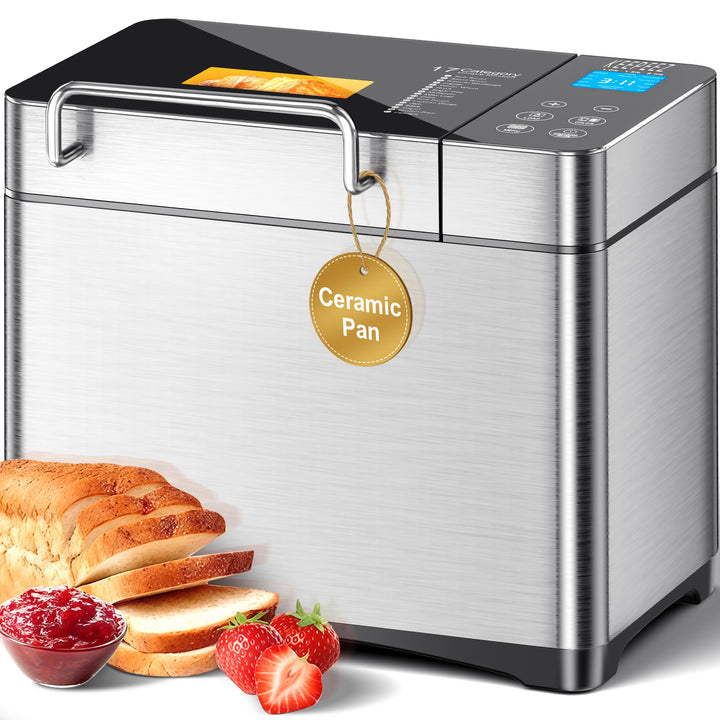 Edelstahl Brotbackautomat, 2LB 17-in-1-Brotbackautomaten mit Obst- und Nussbehälter, antihaftbeschic