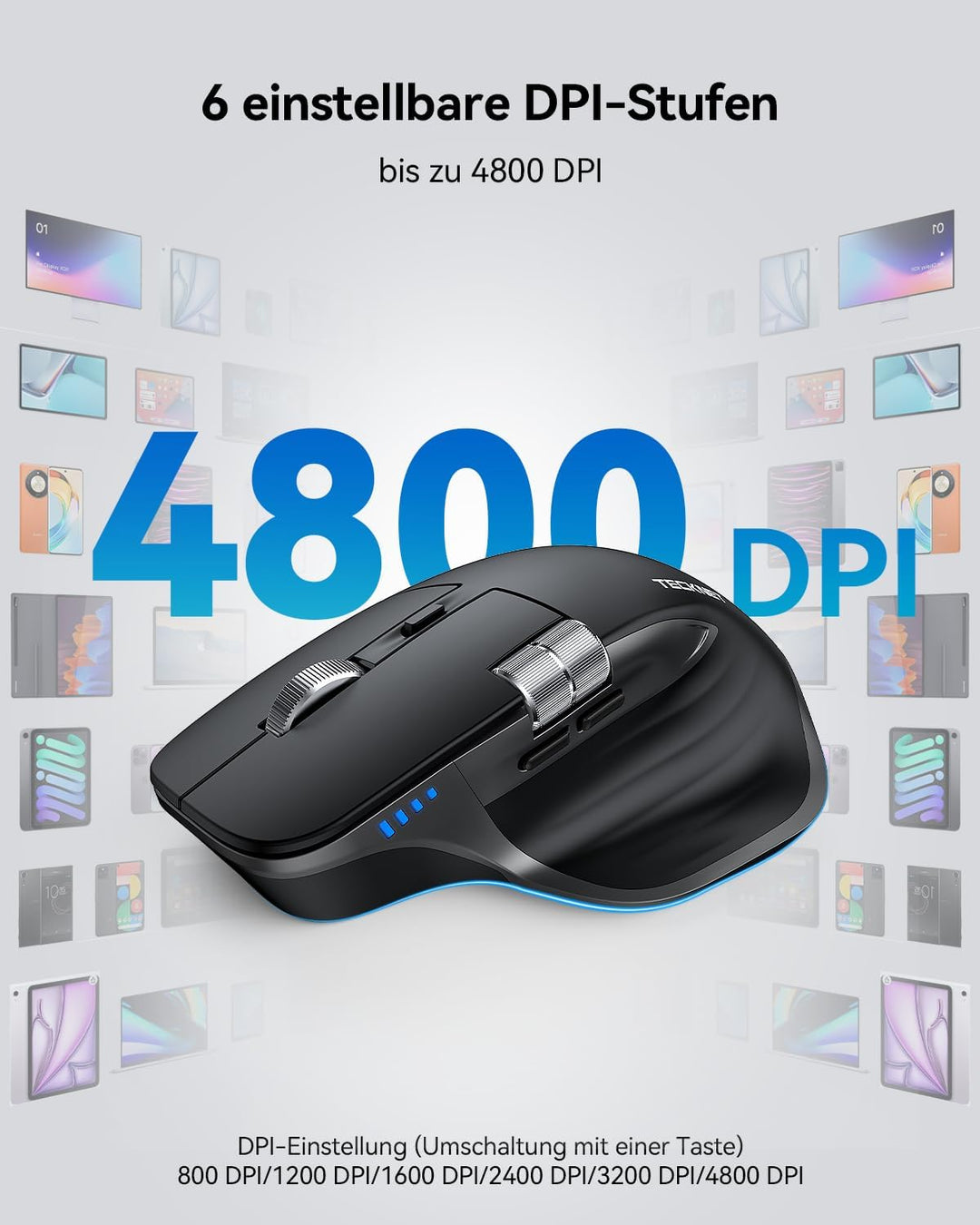 TECKNET Bluetooth kabellose Maus(BT 5.0/5.0+2,4G), Seitliches Mausrad, Superschnelles Scrollen, Wied