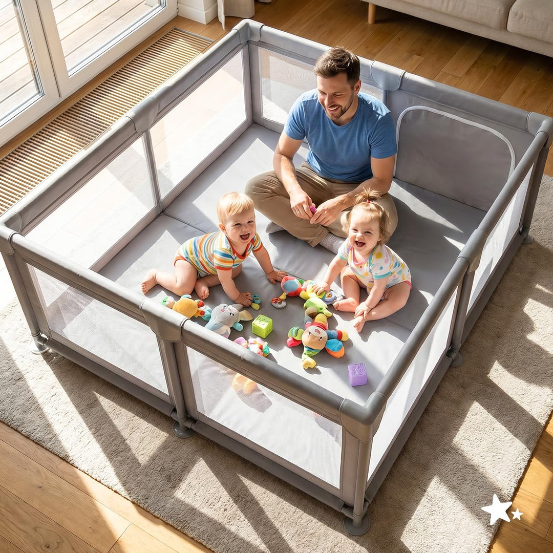 MalPlay Baby Laufstall 150x180 cm für Kinder 6–36 Monate, mobiler Kinderlaufstall mit Netzseiten, La