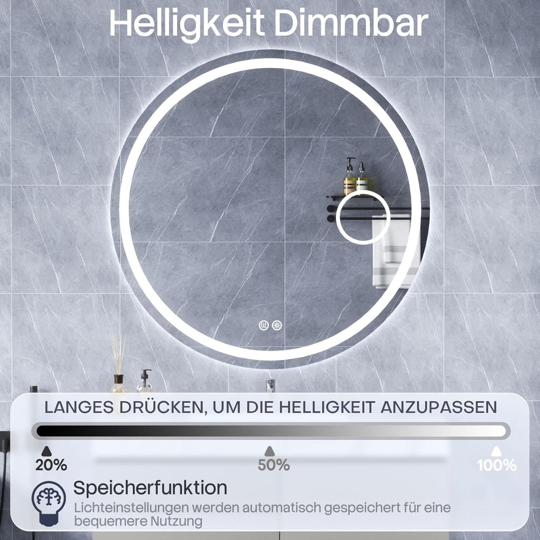 HySail Badspiegel mit Beleuchtung, 5mm Hochauflösender Silber-Spiegel, 3 Farbtemperaturen & Dimmbare
