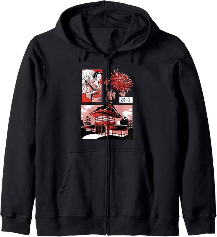 Japanischer Tempel Geisha Blumen-Design Retro Anime Kunst Kapuzenjacke