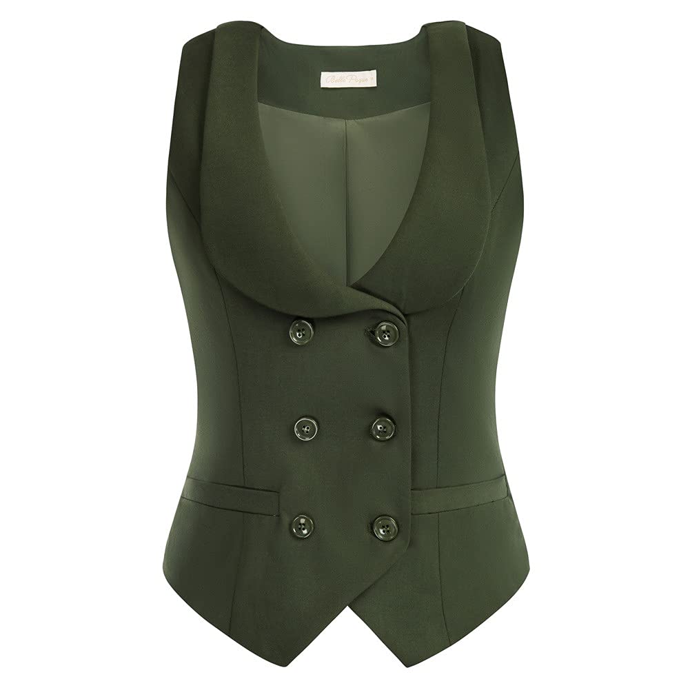 Belle Poque Damen Weste mit Gebogenes Revers V-Ausschnitt Karierte Weste mit Zwei Taschen Geometrisc