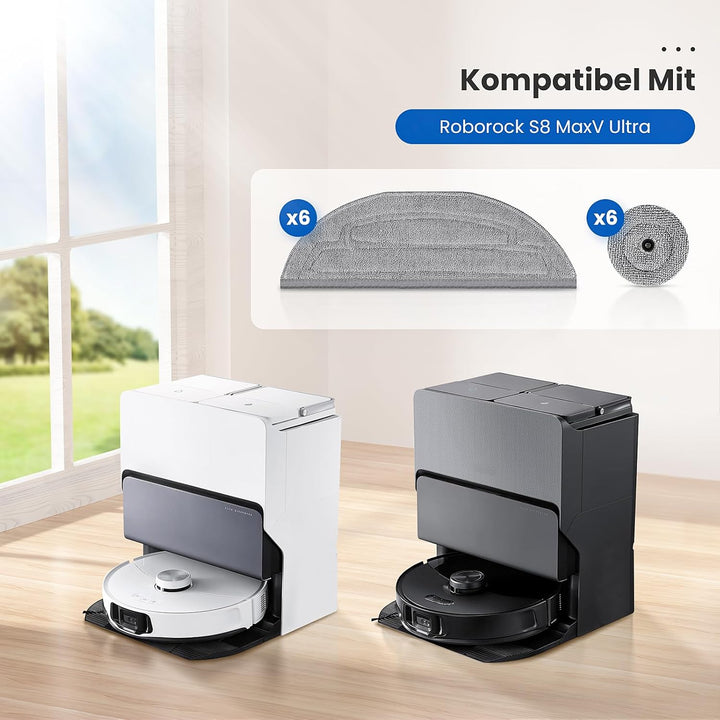 12 Stück Wischtücher Set für Roborock S8 MaxV Ultra Saugroboter, 6 Wischtuch und 6 Seitenwischer, Si