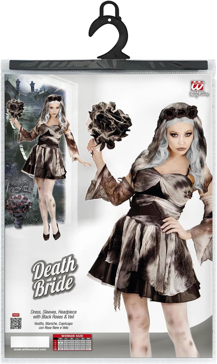 Widmann - Kostüm Totenbraut, Kleid, fingerlose Handschuhe, Kopfbedeckung mit Rose und Schleier, Teuf