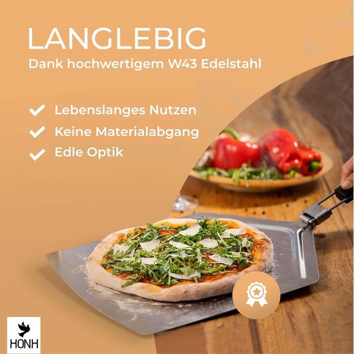 HONH - Pizzaschieber Edelstahl - Extra grosse Schaufel (33 x 38 cm) - Premium Pizzaschaufel mit extr