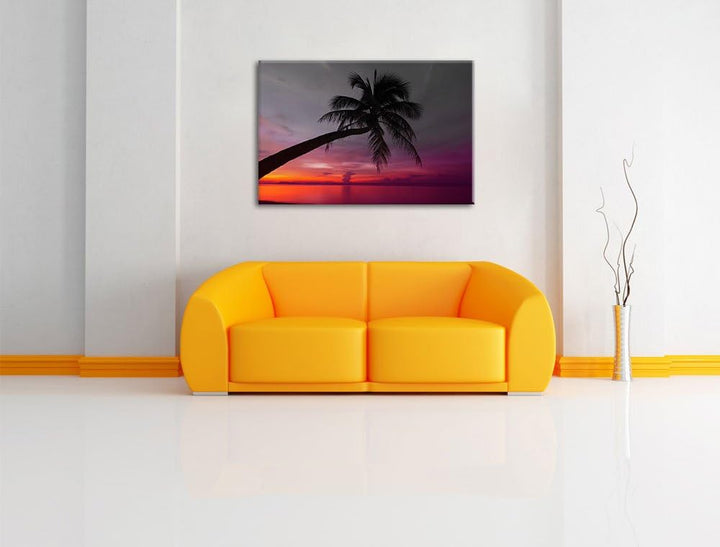 Pixxprint Palme am Meer mit Sonnenuntergang als Leinwandbild/Grösse: 100x70 / Wandbild/Kunstdruck/fe