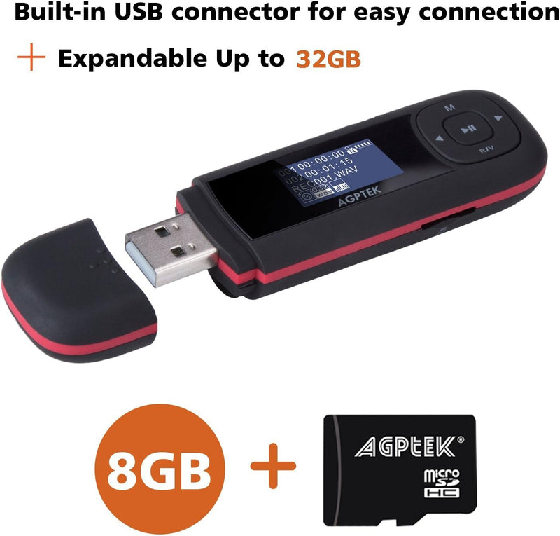 AGPTEK 8GB Tragbare USB MP3 Player 1 Zoll LCD Display, Mini Musik Player mit FM, Aufnahme, U3, Schwa