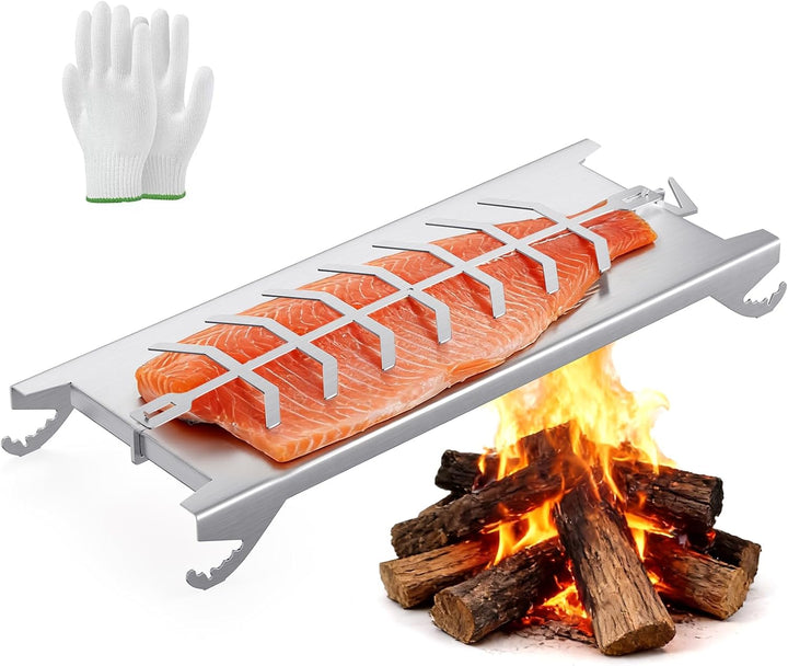 Flammlachsbrett Edelstahl 54cm, Flammlachshalter für Feuerschale & Kugelgrill, Schnellmontage Ohne S