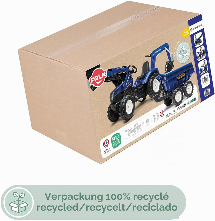 Falk New Holland T8 Tractor + Aanhanger + Lader + Graafarm Frontlader, Heckbagger, Kippbarem Anhänge