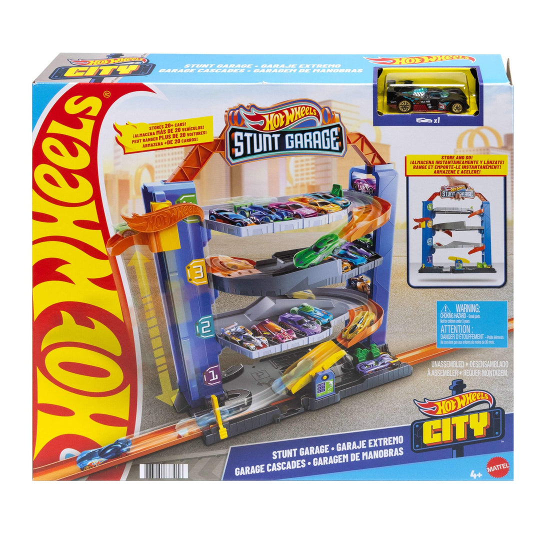 Hot Wheels GNL70 City Stunt Garage-Spielset, Geschenk für Kinder von 3 bis 8 Jahren, mit Aufzug zu d
