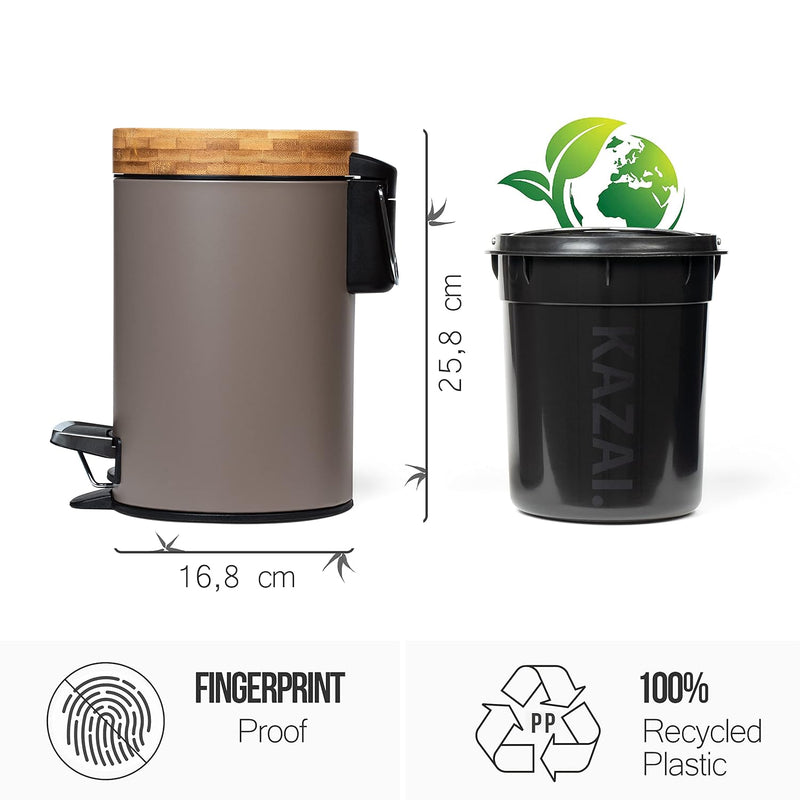 Kazai.® 3l Design Kosmetikeimer | Bad-Mülleimer mit Bambus-Holzdeckel und Absenkautomatik | Mit Anti