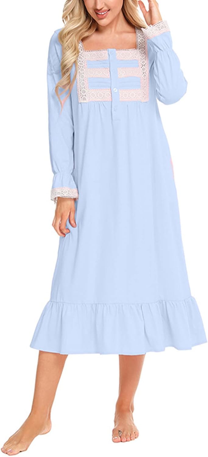 aromm Damen Weich Nachthemd Knopfleiste Viktorianisch Lange Ärmel Stillen Pyjama, S
