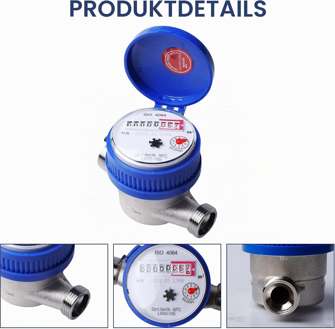 Gartenwasserzähler 1/2 Zoll Geeicht Kaltwasserzähler mit Montagezubehör &amp; Schutzabdeckung | 0-40℃ 1.