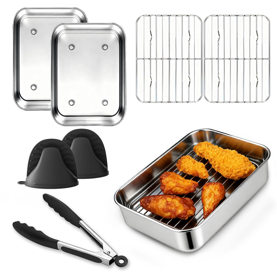 6-tlg. Auflaufform Set für Airfryer/Heissluftfritteuse aus Edelstahl 304 – 2× Schale + 2× Grillrost,