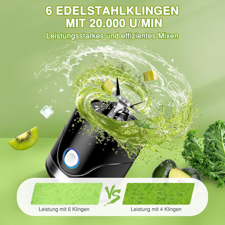 Tragbarer Mixer und Smoothie Maker to go, 650ml Abnehmbarer Behälter, 4000mAh Kabellos & Wiederaufla