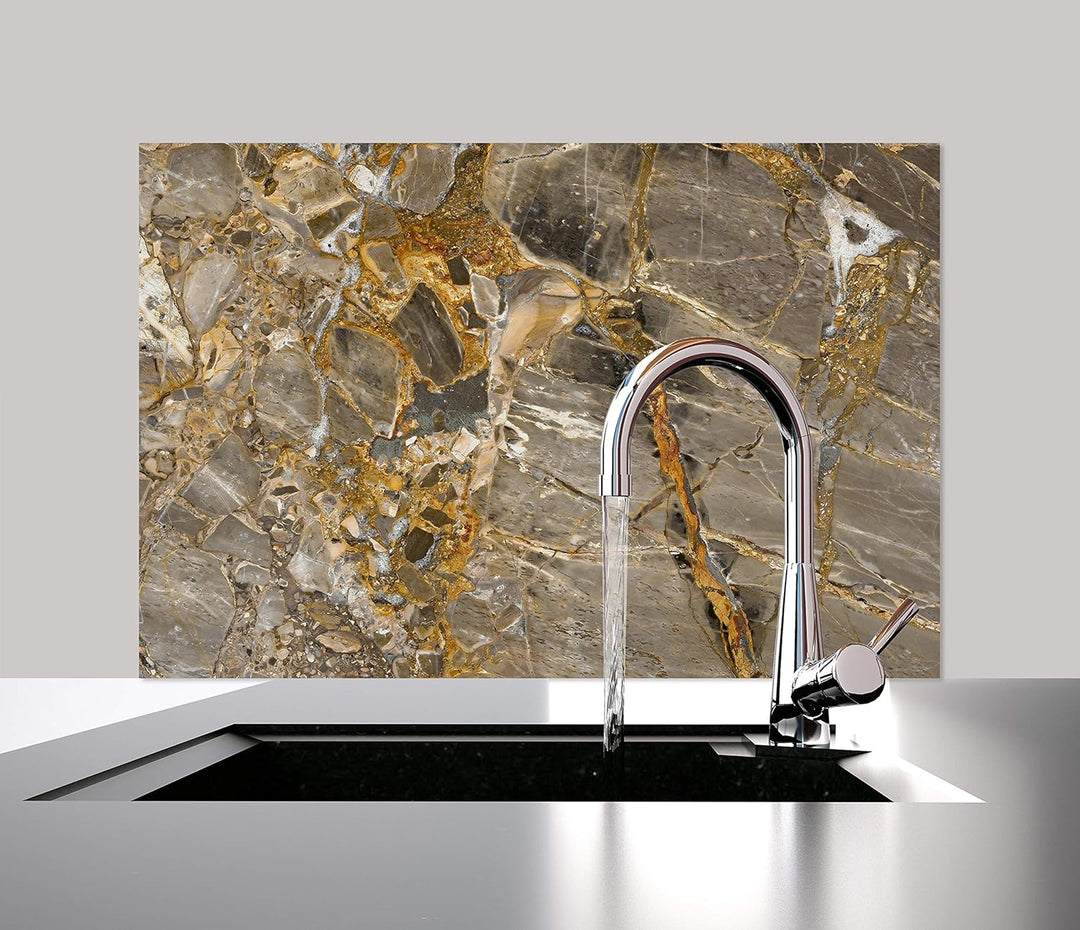 Cuadros Lifestyle Küchen Spritzschutz „Marmor Gold“ 60x40 cm | Küchenrückwand | Alu-DiBond | Fliesen