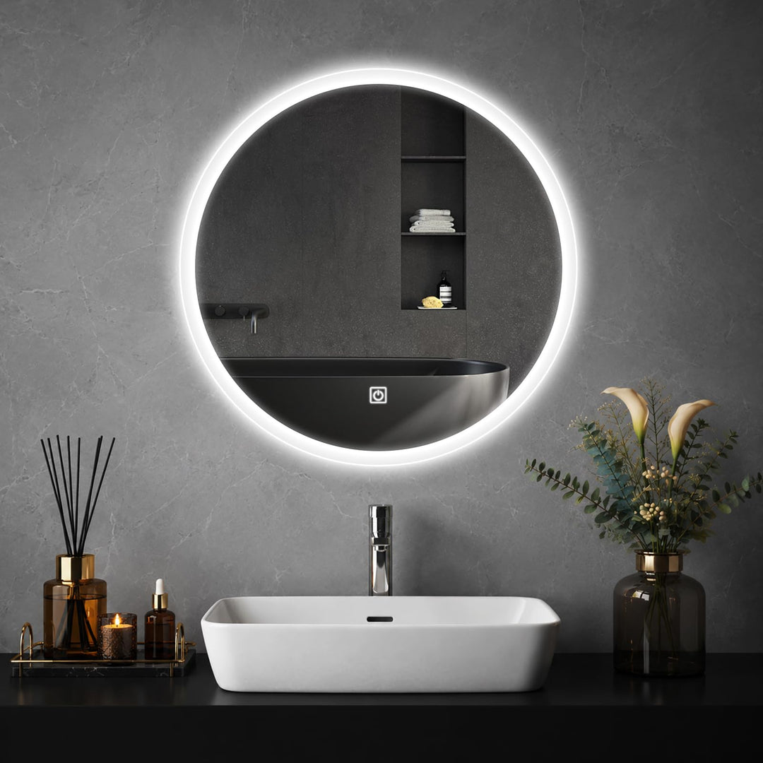 Badspiegel mit Beleuchtung, LED Badezimmer Spiegel Rund 50cm, Dimmbar, 3 Lichtfarben, Touch-Schalter