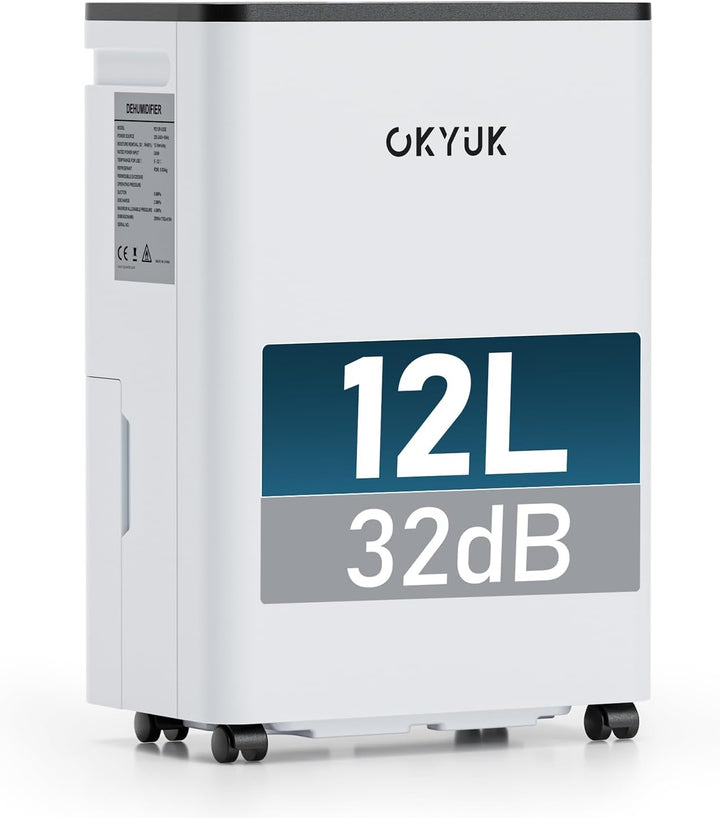 OKYUK Luftentfeuchter 12 Liter/Tag, geeignet für Räume von ca. 90 Kubikmetern (30 Quadratmetern), Lu