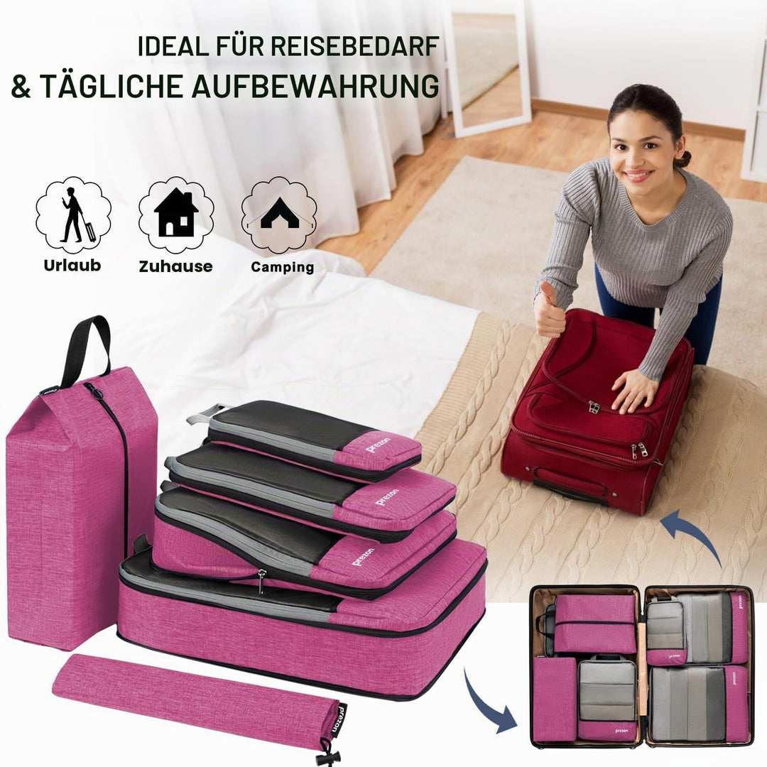 Prezon Komprimierbaren Packwürfeln mit Reiseschuhtasche und Wäschesack, Erweiterbarer Koffer-Organiz