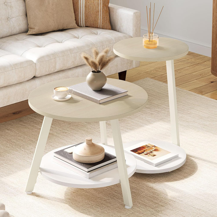 YITAHOME 2er Set Couchtisch Set Rund, Wohnzimmertisch mit Stauraum, Beistelltisch 2er Set Stapelbar