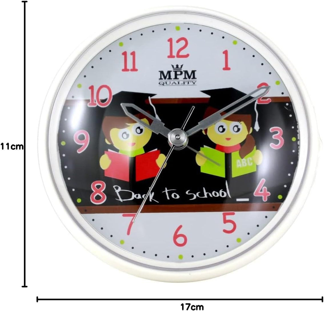MPM Quality Design Kinder Wecker aus Kunststof, Motiv Schule, Quarz-Uhrwerk Sweep, LED Lichtfunktion