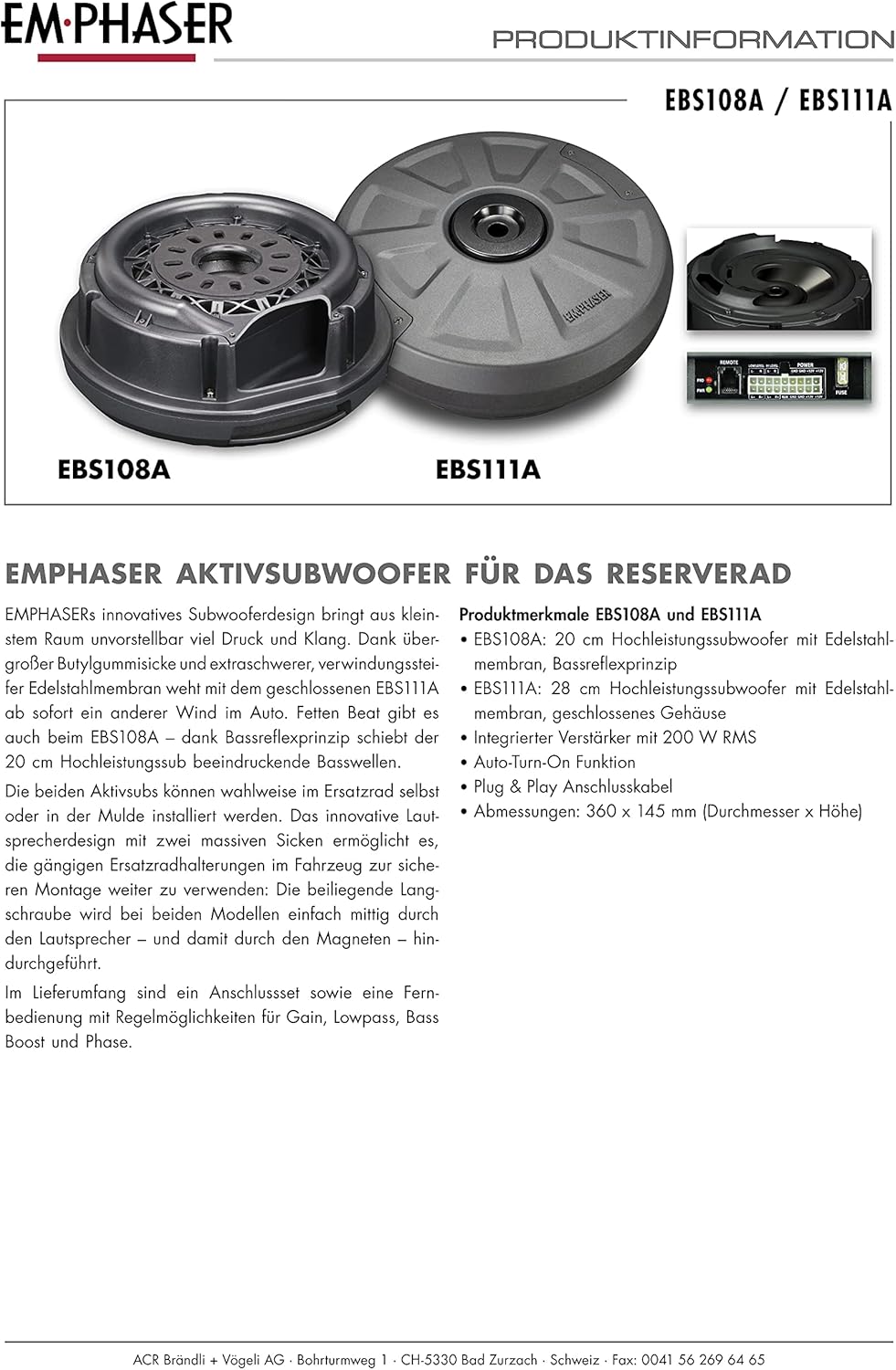 EMPHASER EBS108A – kraftvoller 20 cm Aktivsubwoofer zum Einbau in Reserverad Mulde/Felge, Auto Bassb