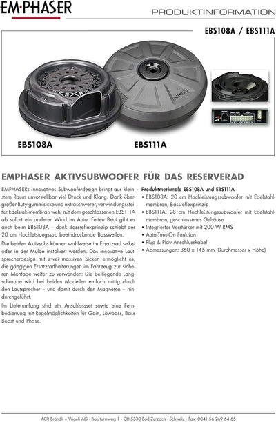 EMPHASER EBS108A – kraftvoller 20 cm Aktivsubwoofer zum Einbau in Reserverad Mulde/Felge, Auto Bassb