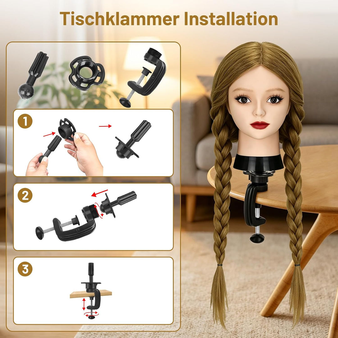 TwoWin Friseurkopf mit Haaren, 24 Zoll (61 cm) 80% Echthaar Mannequin Kopf, Make-up Übungskopf, Trai
