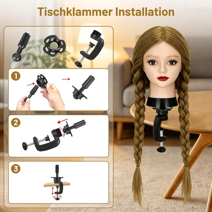 TwoWin Friseurkopf mit Haaren, 24 Zoll (61 cm) 80% Echthaar Mannequin Kopf, Make-up Übungskopf, Trai