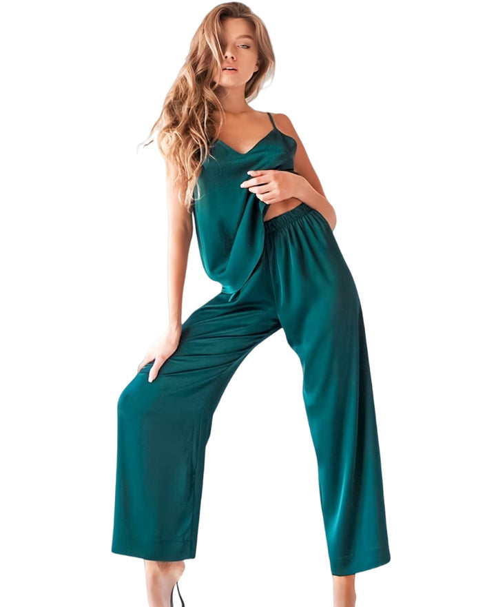 Laura in - Damen-Kleidungsset Satin-Seidenpyjama für Damen 2-teilig einfarbig Satin-Schlafanzug Top-