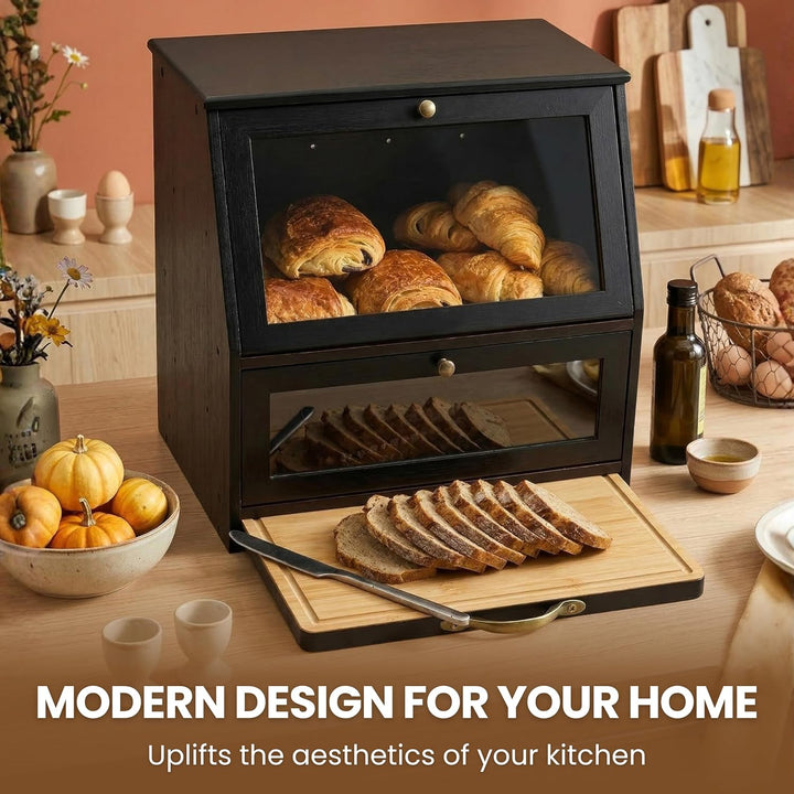 Brotkasten Holz im Vintage Landhaus-Stil – Grosse Brotaufbewahrungsbox mit 2 Etagen &amp; Integriertem S