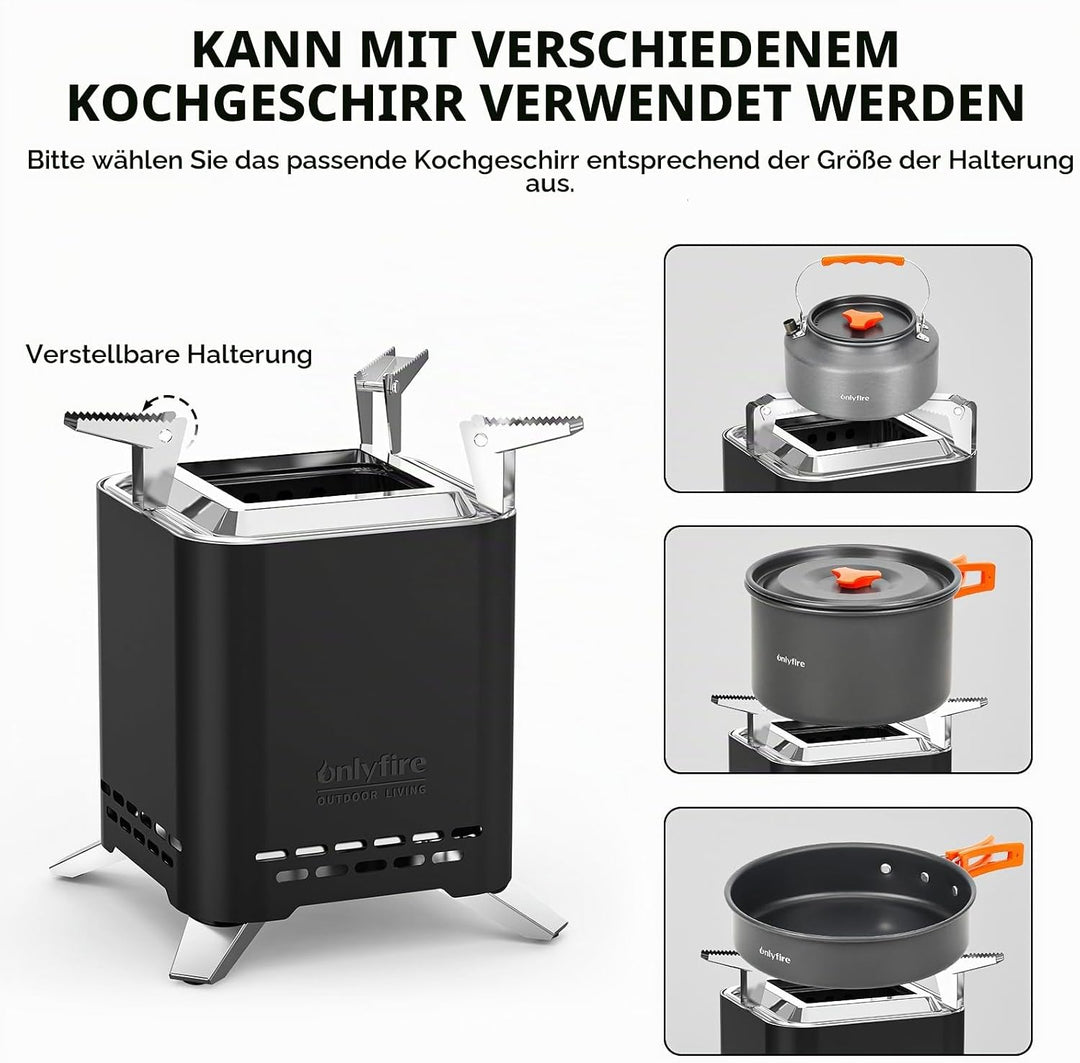 Onlyfire 2-in-1 Quadratische Rauchfreie Feuerstelle mit Topfhalterung &amp; Tragetasche, 16,5cm Tragbare