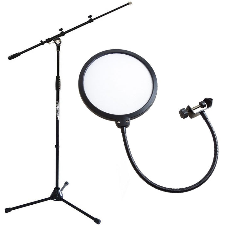 keepdrum Mikrofonständer mit Galgen Schwarz + Popschutz Popfilter Weiss