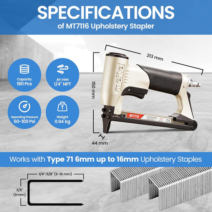 MT7116 Polsterheftgerät – 22 Gauge 71 Serie 3/8 Zoll Krone, 1/4 Zoll bis 5/8 Zoll Beinlänge Feindrah