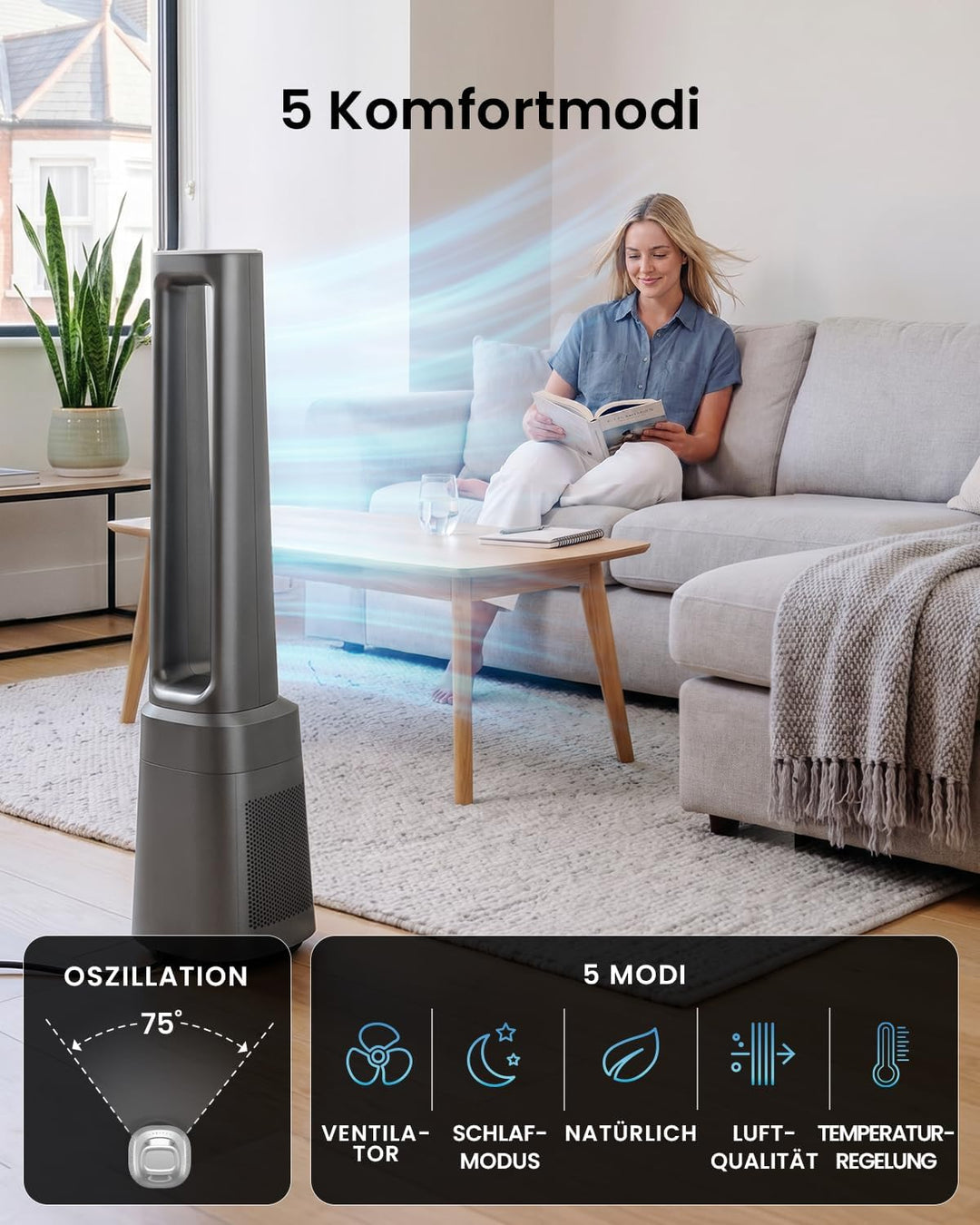 Pro Breeze OmniAir 105cm rotorloser Ventilator mit Luftreiniger - Ventilator oszillierend 75° - Fern