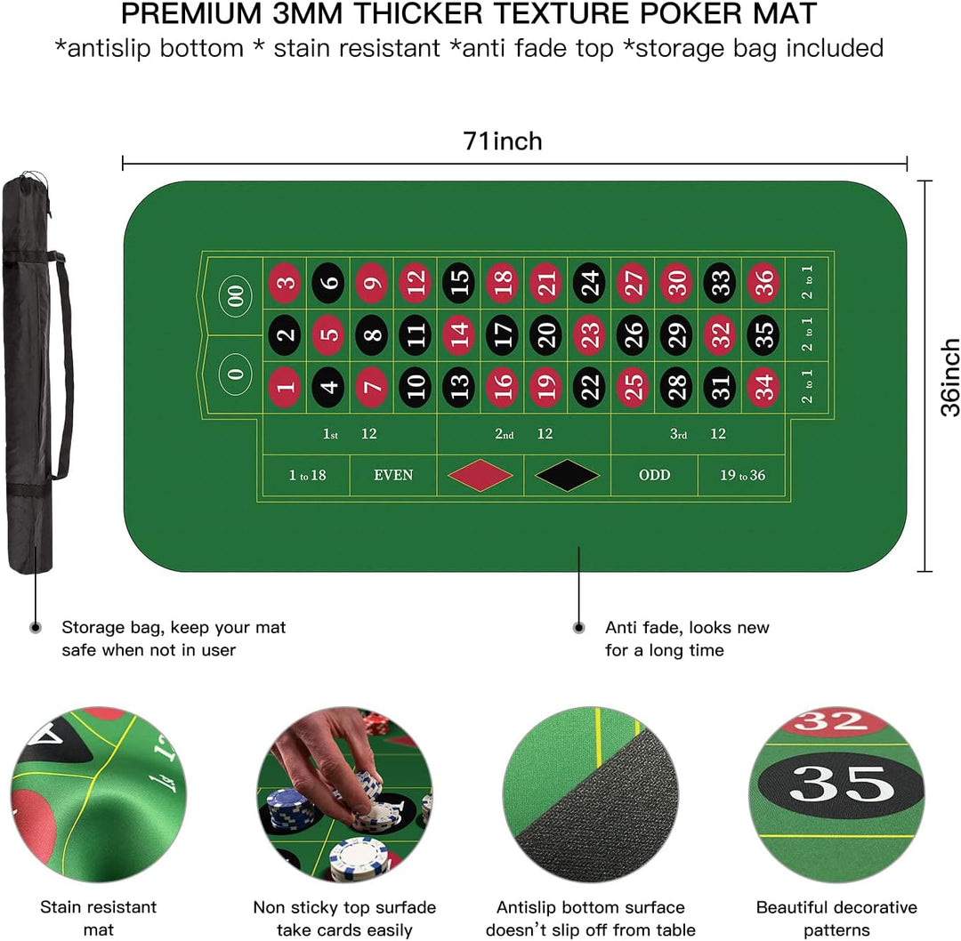 YUZPKRSI 177,8 x 88,9 cm Roulette Casino Matte Roll-up Pokermatte für Tisch mit Tragetasche, profess