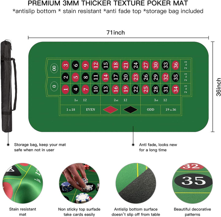 YUZPKRSI 177,8 x 88,9 cm Roulette Casino Matte Roll-up Pokermatte für Tisch mit Tragetasche, profess