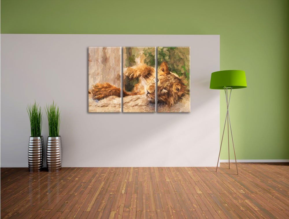 Pixxprint verspielter Kleiner Löwe Kunst / 3-Teilig/Gesamtmass 120cm Leinwandbild bespannt auf Holzr