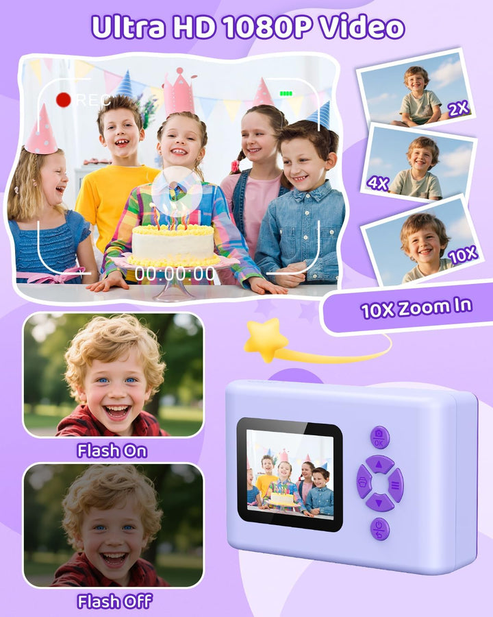 Sofortbildkamera Kinder, 2,4 Zoll Kinderkamera Sofortbildkamera mit LED-Blitz 32GB-Karte Druckpapier