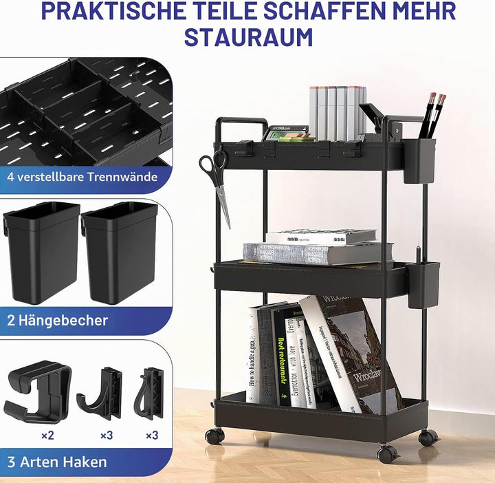 Ronlap Rollwagen Küchewagen mit 3 Ebenen, Servierwagen mit Aufhängebecher, Separator, Haken, Regal a