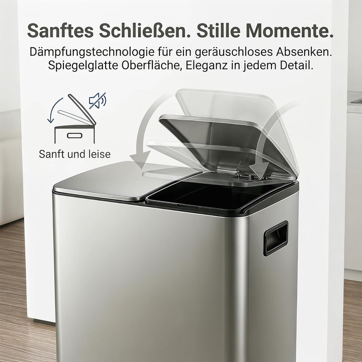 Mülleimer Küche 2 x 24L(48L), Edelstahl Treteimer mit Deckel, Mülltrennsystem 2 Fächer, Abfalleimer