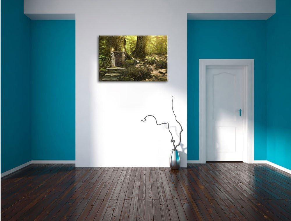 Pixxprint Geheimes Tor im Wald / 100x70cm Leinwandbild bespannt auf Holzrahmen/Wandbild Kunstdruck D