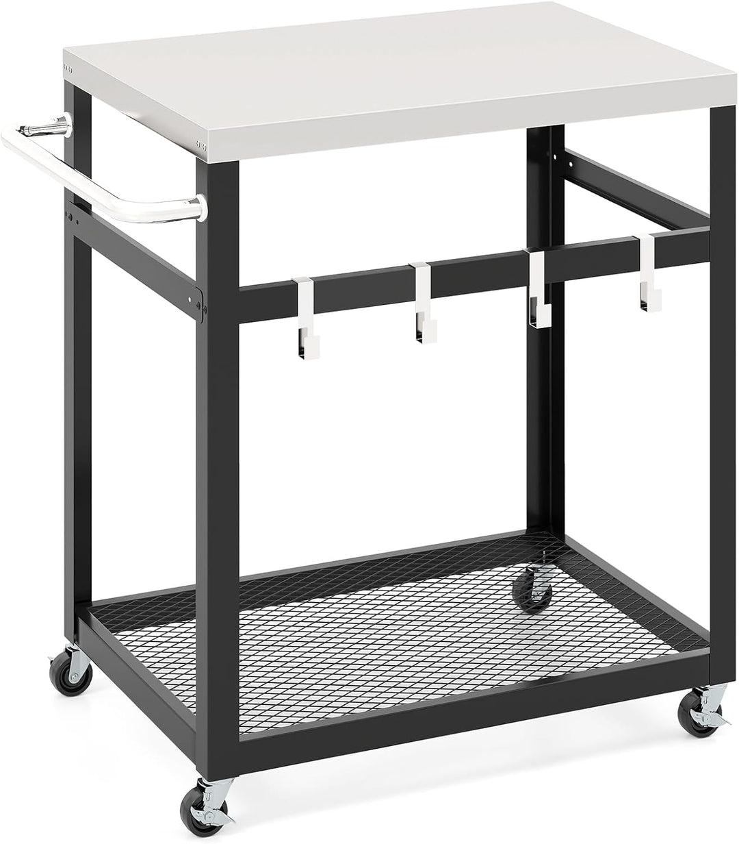GOPLUS Grillwagen, BBQ Beistellwagen mit Edelstahl-Tischplatte, 2 Ebenen & Haken, Grilltisch mit Rol