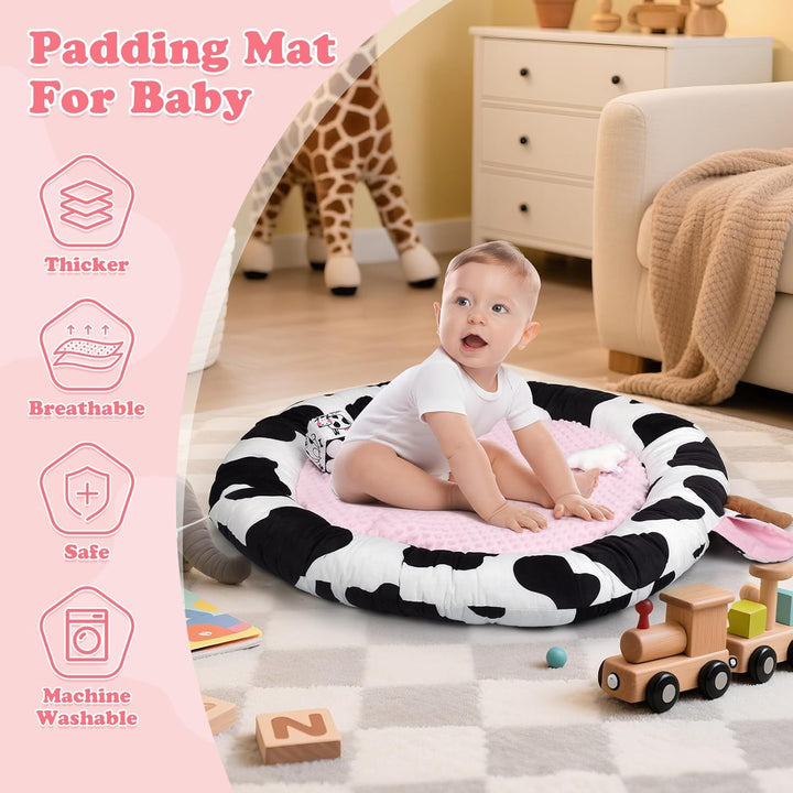 Rosa Kuh Spielbogen Baby, Spieldecke Baby mit 6 Sensorischen Spielzeugen Abnehmbarem, Extra dicke We