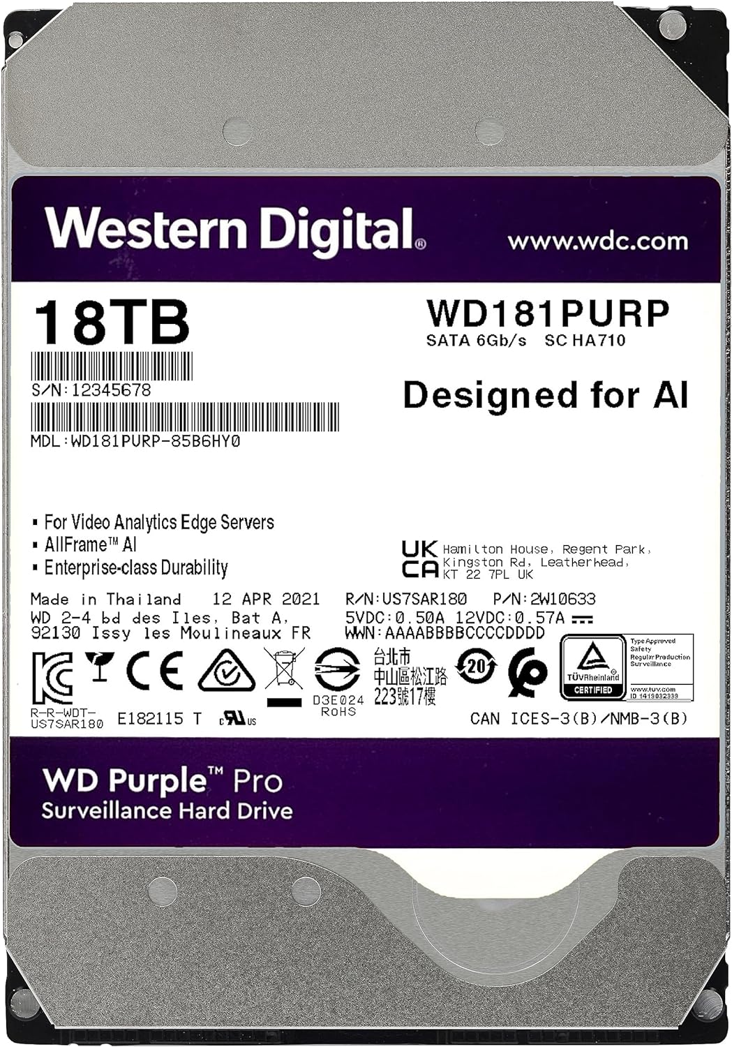 WD Purple Pro interne Festplatte 8 TB (3,5 Zoll, OptiNAND, 550 TB/Jahr Workload-Rate, 512 MB Cache,