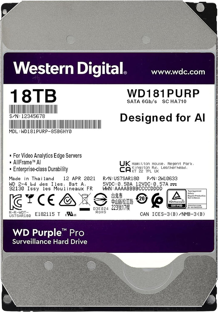 WD Purple Pro interne Festplatte 8 TB (3,5 Zoll, OptiNAND, 550 TB/Jahr Workload-Rate, 512 MB Cache,