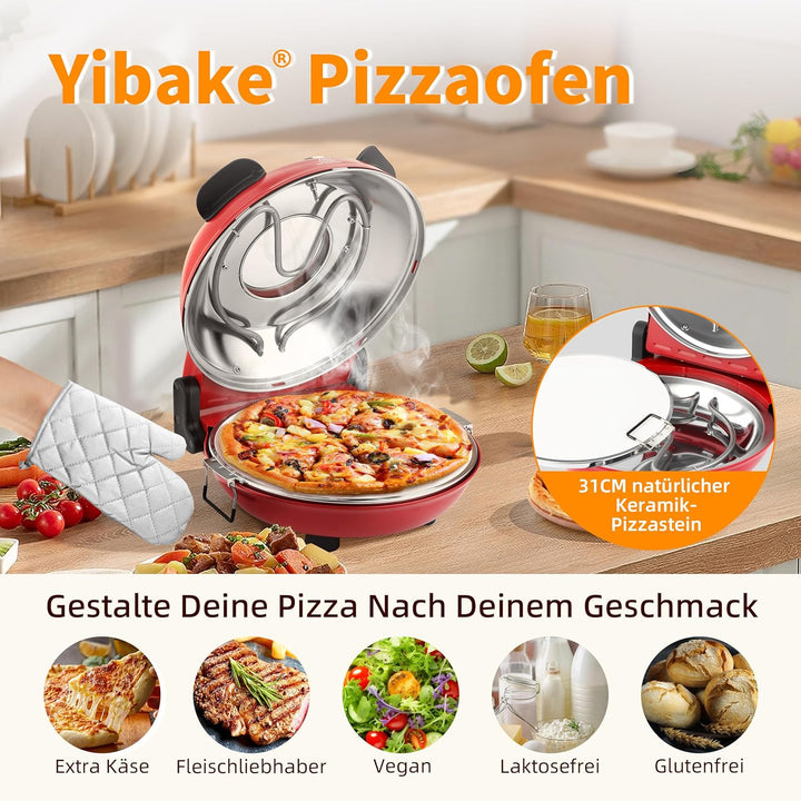 YIBAKE Pizzaofen Elektrisch, 1200W Pizzaofen in 4-Min-Pizza, 31cm Feuerfeste Pizzastein, 420℃ Pizzab