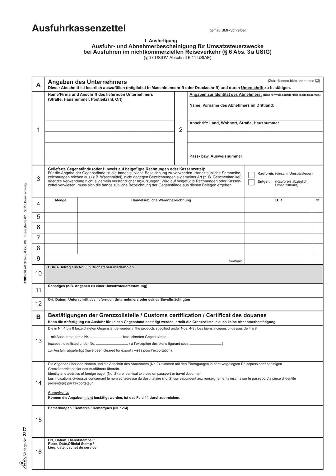 RNK Verlag Vordruck "Ausfuhrkassenzettel", DIN A4, SD VE = 1